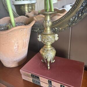 Antique Japanese Brass Relief Candlestick or Vase Vintage Patina